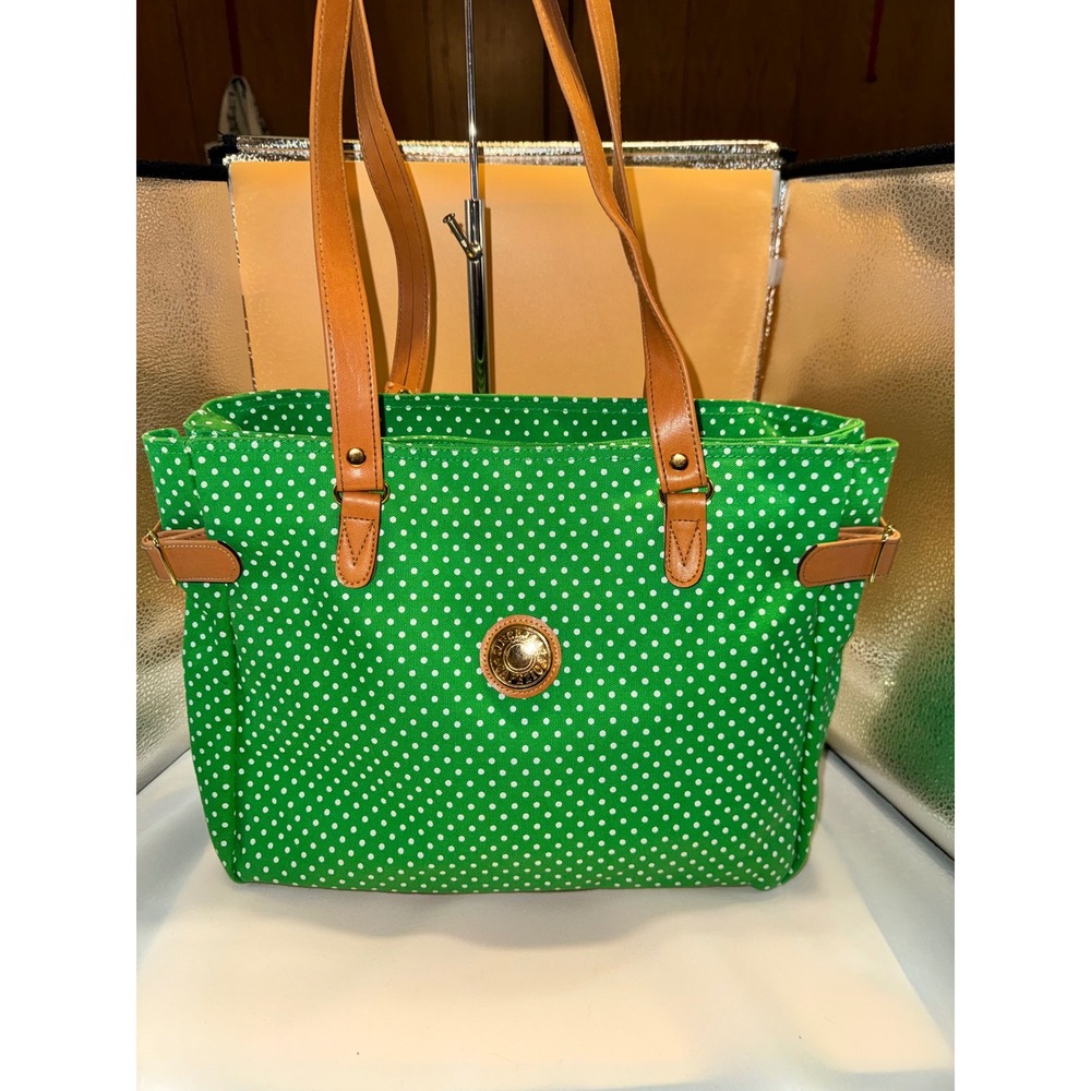 Green Polka Dot Tote with Tan Straps